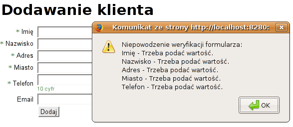 Rysunek 5.6: Walidacja formularza dodawania klienta w aplikacji Spring MVC Rysunek 5.