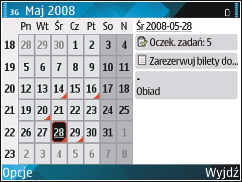 W widoku porządku dnia pokazana jest lista wydarzeń wybranego dnia. Aby zmienić widok, wybierz Opcje > Zmiana widoku i żądany widok.