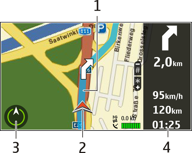 Widok nawigacji 1 Trasa 2 Twoje lokalizacja i kierunek 3 Kompas 4 Pasek informacji (prędkość, odległość, czas) Odbieranie informacji o ruchu i bezpieczeństwie W jeździe samochodem pomogą Ci