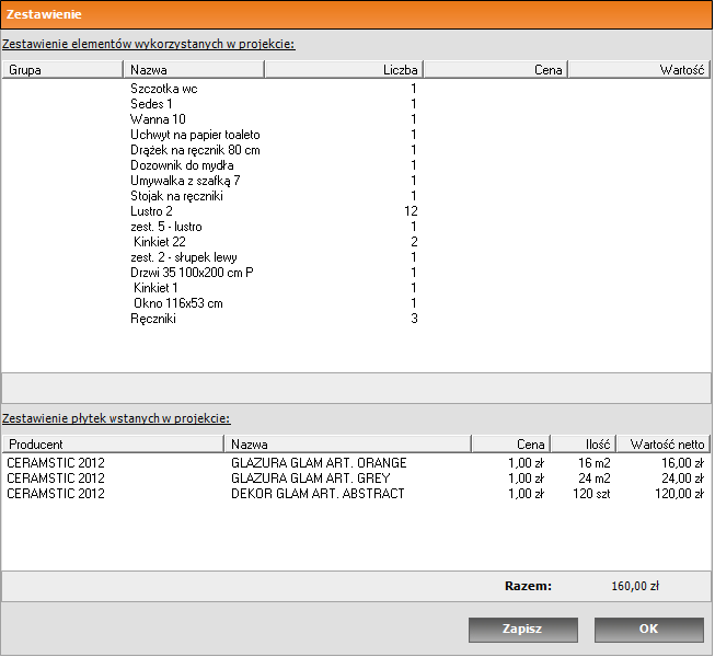 5. Generacja zestawienia i ilustracji Bardzo ważna funkcjonalność programu to możliwość uzyskania kompletnego zestawienia użytych elementów i okładzin.