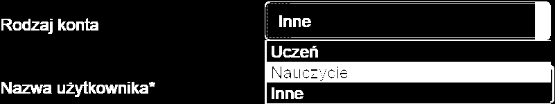 W pierwszym polu formularza rejestracyjnego konieczne jest wskazanie typu użytkownika, do którego należy osoba rejestrująca się na platformie.