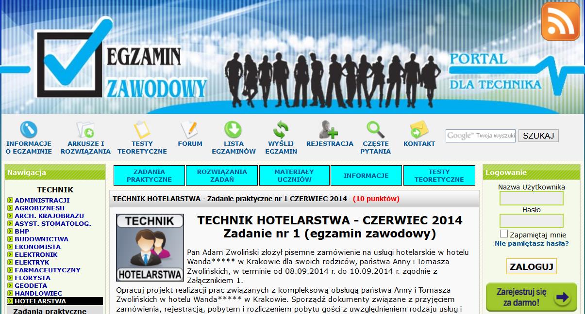 Kliknięcie w łącze Egzamin zawodowy przenosi użytkownika na podstronę z listą informacji na temat egzaminów