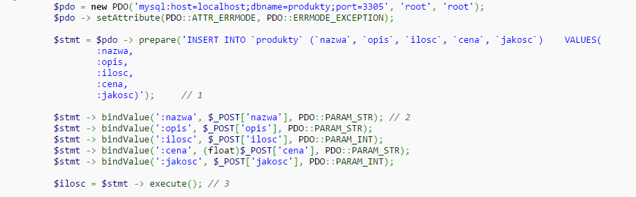 Insert, update 1: Przygotowujemy zapytanie zaznaczając w których miejscach pojawią się dane 2: