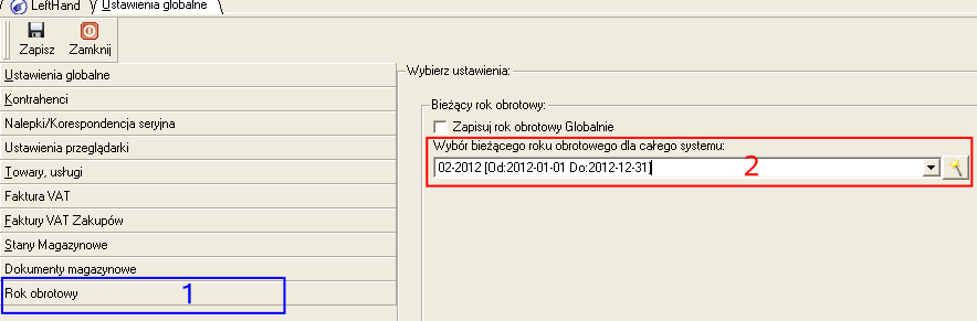 następnie na przycisk [Generuj okresy obrotowe] (1) (generowane zostaną poszczególne okresy obrotowe (2)) i ostatecznie na ikonę Zapisz (3) b) ustawmy nowy, utworzony przed chwilą rok obrotowy jako