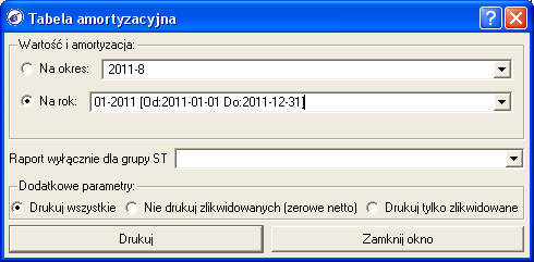 Pod listą pozycji widoczne jest podsumowanie kolumny Podst. amort. (podstawa amortyzacji) oraz Amort. za okr. (wartości amortyzacji za wybrany okres.