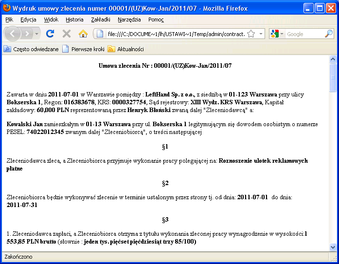 wybieramy z panelu Parametry wydruku umowy odpowiedni rodzaj wydruku i klikamy na przycisk [Wydrukuj].