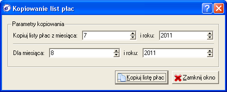 a) na początku ustawiamy na oknie operacyjnym modułu Listy płac wartość filtru Miesiąc i Rok, na okres, do którego chcemy skopiować listę płac z innego miesiąca b) następnie klikamy na ikonę Kopiuj