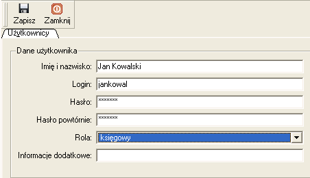 klikamy na ikonę Zapisz PRZYKŁAD 2 Zarejestrujmy w programie dane nowego użytkownika (Jan Kowalski) o loginie jankowal i haśle jkjan38. Przypiszmy go do roli Przeglądanie dokumentów z przykładu 1.