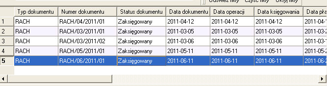 klikamy na przycisk [Wybierz dokument]. otworzy nam się okno rejestracji dokumentów. Z listy wybieramy rachunek o numerze RACH/06/2011/01, klikając na nim dwukrotnie.