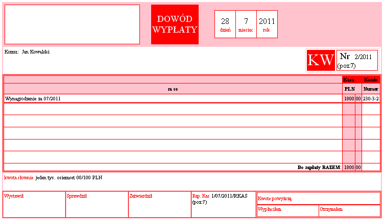 Zawartość powyższego wydruku jest podobna do wydruku pojedynczego raportu kasowego.