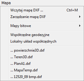 Mapa Wczytaj mapę DXF wczytywanie mapy do projektu Zarządzanie mapą DXF Usuń mapę DXF usuwanie mapy z projektu Raport DXF informacja o pominiętych elementach pliku DXF Filtr entycji dostęp do