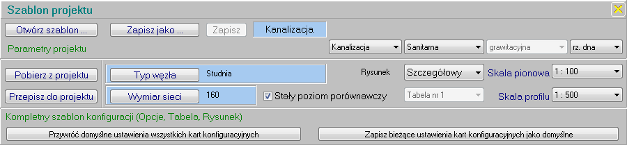 KONFIGURACJA Pasek przycisków (powtórzenie poleceń z sekcji menu o tej samej nazwie) Wczytaj z szablonu (odczyt zestawu konfiguracyjnego zapisanego w pliku zewnętrznym) Edycja szablonu (szablon