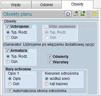 Obiekty Opcje umożliwiające ustalenie obecności i zawartości opisów obiektów na trasie sieci: Obiekty Uzbrojenie terenu (włączenie/wyłączenie) typ i rodzaj o oznaczenie Uzbrojenie naziemne (w