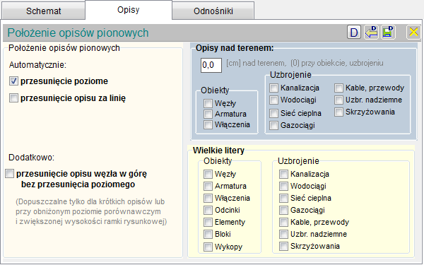 Opisy zarządzanie opisami pionowymi Opcje umożliwiające zmianę położenia i stylu wykonania opisów pionowych nad tabelą profilu.