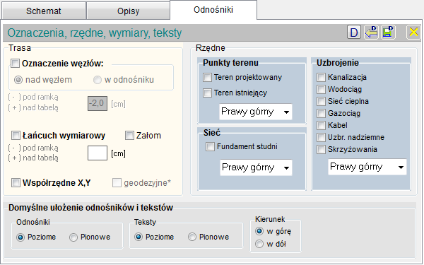 Odnośniki Trasa: Oznaczenie węzłów (dodatkowo nad rysunkiem profilu) nad węzłem lub w odnośniku z podaniem odległości od ramki lub od tabeli Łańcuch wymiarowy z podaniem odległości od ramki lub od