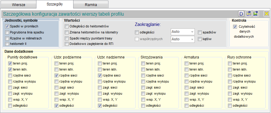 Szczegóły szczegółowa konfiguracja zawartości wierszy tabeli profilu Jednostki, symbole Spadki w promilach (domyślnie w procentach) Pogrubiona linia spadku (opcja rysunkowa) Rzędne w milimetrach