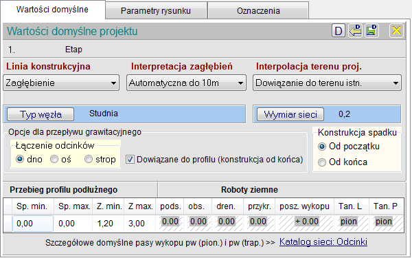 USTAWIENIA PROJEKTU (jednocześnie dla Planu i Profilu) Globalne wartości domyślne projektu Linia konstrukcyjna sieci: o Zagłębienie Zagłębienie liczone jest od terenu projektowanego a przy braku