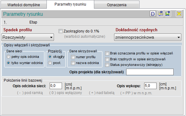 Parametry globalne projektu Dokładność rzędnych Zmiennoprzecinkowa (z dokładnością do 8 miejsc po przecinku) o do 1 cm (niezalecana wartości zaokrąglane są w bazie danych projektu) Spadek pokazany w