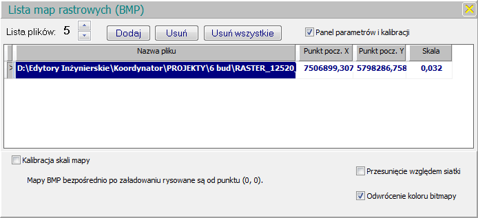 MAPA Mapa DXF włączenie/wyłączenie Wczytaj mapę DXF wczytywanie mapy do projektu Układ współrzędnych: Lista map bitowych (rastrowych) panel obsługi map Współrzędne geodezyjne zmiana układu