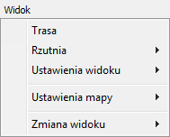 Widok Włączanie/wyłączanie trasy Rzutnia Dodatkowa rzutnia 1 <Ctrl+1> Dodatkowa rzutnia 2 <Ctrl+2> Podział rzutni podział rzutni w poziomie <Ctrl+3> lub pionie <Ctrl+4> Kolor tła czarny, szary, biały