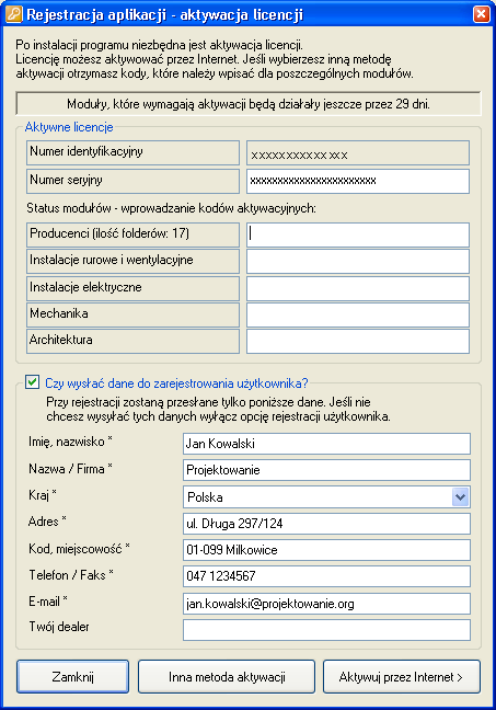 Instalacja: Rejestracja i aktywacja programu Reej jeesst trraaccj jaa i aakkt tyyw aaccj jaa pprrooggrraamuu Przy uruchomieniu programu CAD-Profi zostaje wyświetlone okno Rejestracja aplikacji.