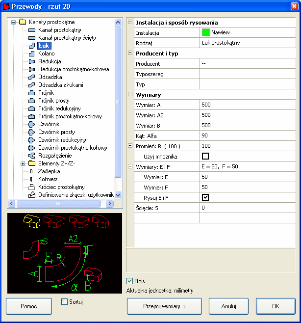 Instalacje rurowe, wentylacyjne i elektryczne: Przewody i kształtki Parametry mogą być wybierane z baz danych lub z list rozwijalnych: - możliwość wyboru parametru z bazy danych.