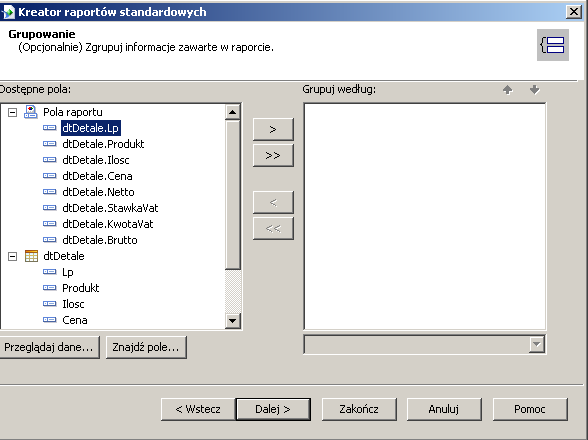 Po kliknięciu przycisku Dalej otwierane jest kolejne okno, w nim wskazujemy te pola źródła danych, które chcemy mieć w raporcie.