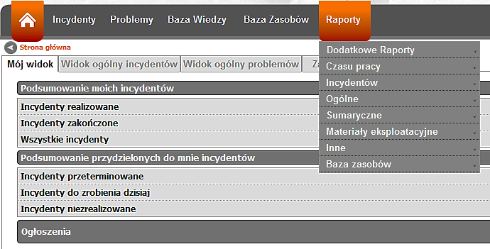 VIII. e-helpdesk Moduł Raporty Narzędzia modułu Raporty pozwalają na podgląd i tworzenie raportów dotyczących zgłoszeń tworzonych w systemie e-helpdesk. Moduł Raporty widok elementów modułu 1.