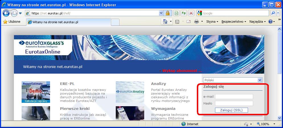 Aplikacja zarządzająca (shell) Po otworzeniu strony internetowej EREonline (https://net.eurotax.