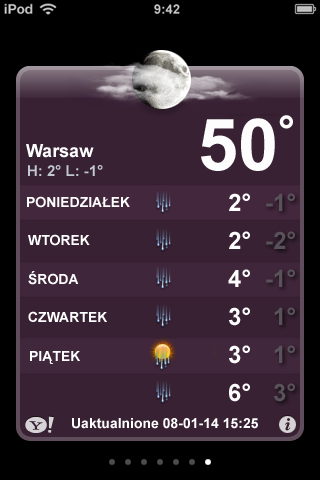 Ekran Pogody Najniższa i najwyższa dzisiejsza przewidywana temperatura Bieżące warunki Bieżąca temperatura Sześciodniowa prognoza Dodawanie i usuwanie miast Liczba przechowywanych miast Jeśli plansza