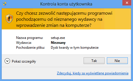 następnie pojawi się kolejne okno Kontrola konta użytkownika, w którym należy kliknąć na przycisk TAK.