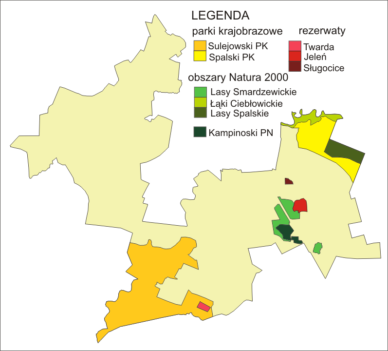 Rysunek 3. Powierzchniowe formy ochrony przyrody na terenie gminy Tomaszów Mazowiecki Źródło: Opracowanie własne na podstawie natura2000.gdos.gov.