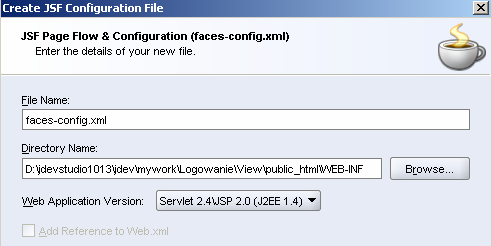 Utworzenie pliku konfiguracyjnego aplikacji JSF 265 Wybór wersji specyfikacji serwletów / JSP Wraz z plikiem faces-config.