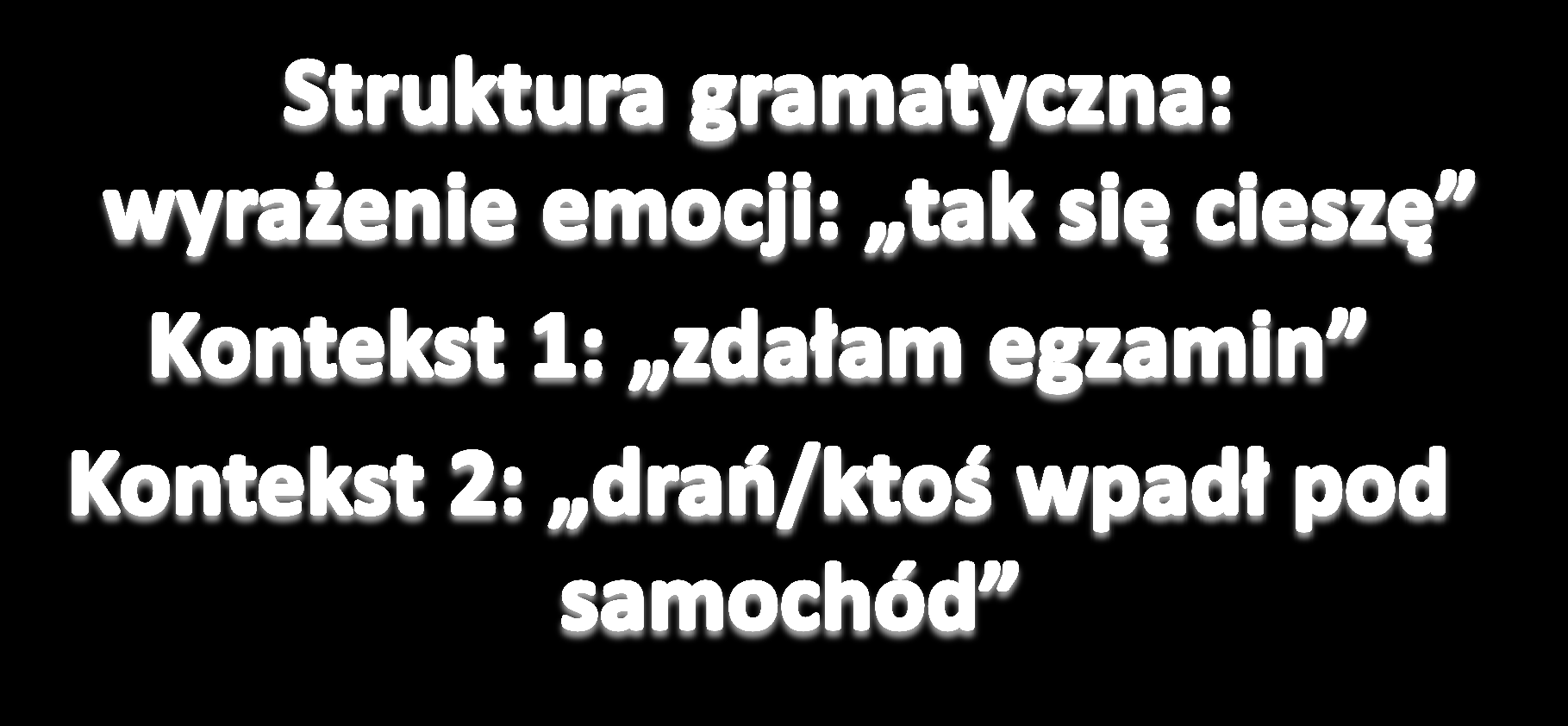 Odpowiedniośd emocji do kontekstu Odpowiednia Tak się cieszę, że zdałam ten egzamin! [joy, happiness] Oh, I m so happy (because) I passed the exam! Tak się cieszę, że ten drao wpadł pod samochód!