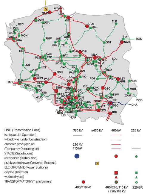 Źródło: ENTSOE Rysunek 17 Podstawowa sieć energetyczna w Polsce.