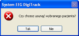 2.3.3 Usuwanie pacjenta z bazy 39 2.3.3 Usuwanie pacjenta z bazy Aby usunąć pacjenta z bazy danych pacjentów w pierwszym kroku należy usunąć wszystkie wykonane badania pacjenta (patrz rozdz. 2.4.3. W