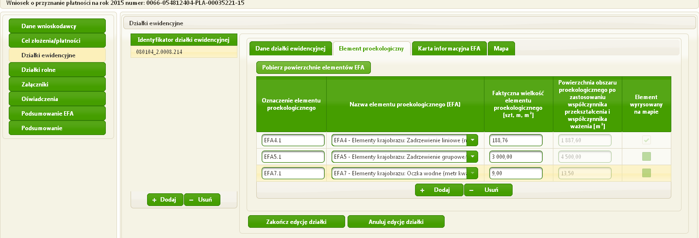 Nie jest możliwe manualne odznaczenie tego pola. Ekran 37 informacja o wrysowanym elemencie proekologicznym pobieranie powierzchni proekologicznej.