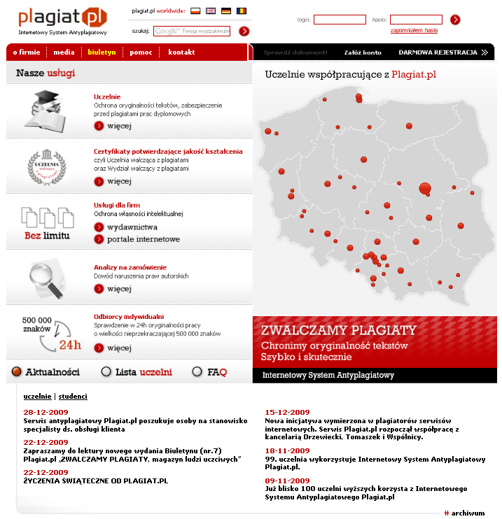 I. Logowanie Aby zalogować się jako Administrator Szkoły, należy uruchomić stronę http://www.plagiat.pl/ (Ilustracja 1).