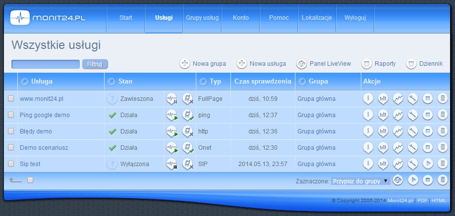 Strona z listą usług Na stronie z listą usług znajduje się również dodatkowe menu, umożliwiające przejście do następujących części panelu administracyjnego: Nowa grupa - dodawanie grup usług Nowa