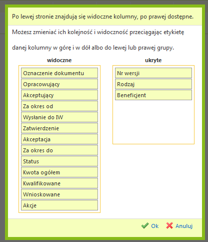 Rys. 11. Ekran ustawieo wyświetlanych pól na listach dokumentów. Oceniający 2.4.2 Pasek narzędziowy. Rys. 12. Pasek narzędziowy dla użytkowników w roli oceniający.