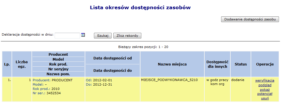 Skróci się czas od oraz do w potencjale lub też miejsca w umowie Aby dokonać weryfikacji poszczególnych pozycji należy w pierwszej kolejności skorzystać z opcji Okresy dostępności, która umożliwia