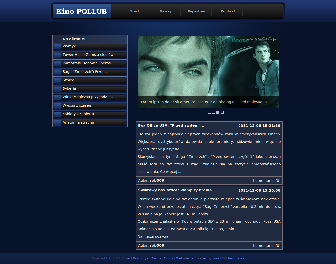 Opis strony głównej: Strona główna składa się z 3 głównych elementów: Listy aktualnie wyświetlanych filmów widocznej po lewej stronie.