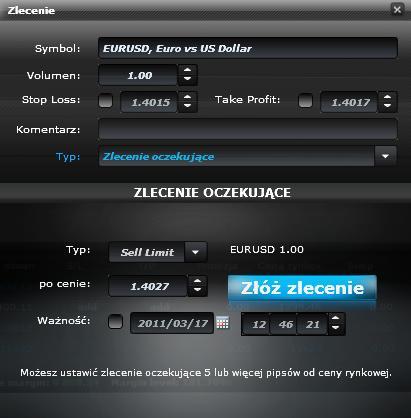 Wybierz rodzaj transakcji: Buy Limit, Sell Limit, Buy Stop lub Sell Stop.