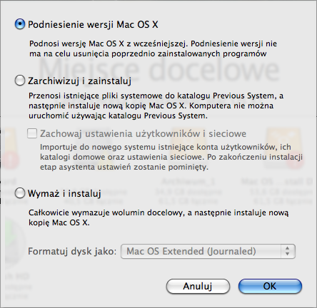 Krok 4: Wybierz sposób instalacji Mac OS X Kliknij w przycisk Opcje, aby wybrać Archiwizuj i zainstaluj lub Wymaż i instaluj.