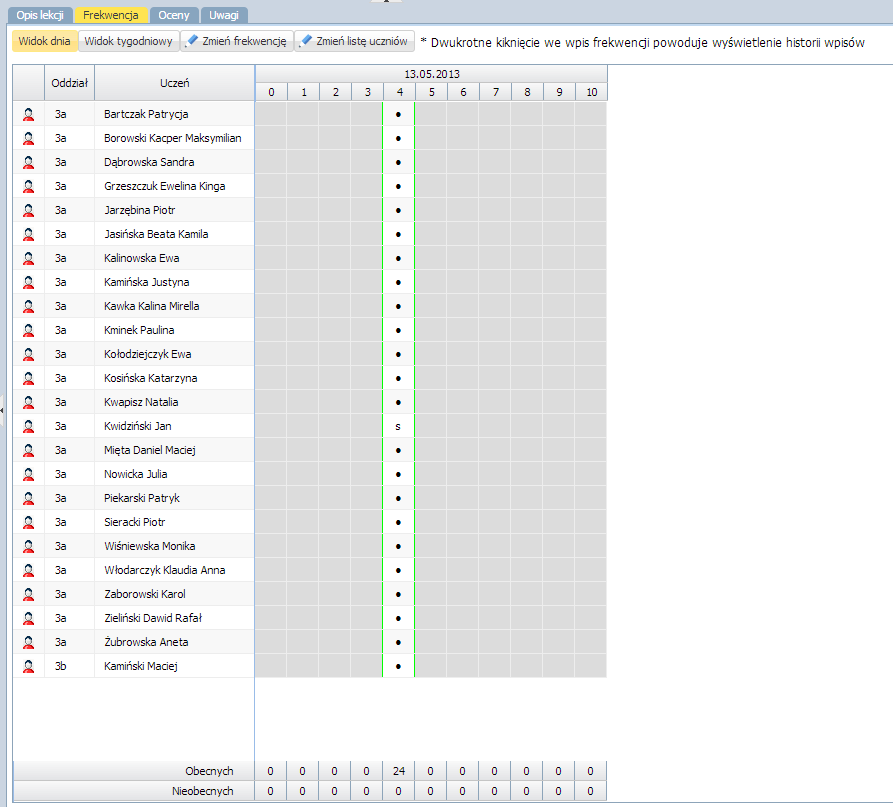 38 Materiały dla uczestnika szkolenia Rysunek 51. Widok wpisów frekwencji 5. Obejrzyj historię wpisów frekwencji ucznia. Na zakładce Frekwencja kliknij dwukrotnie poprawiony wpis.