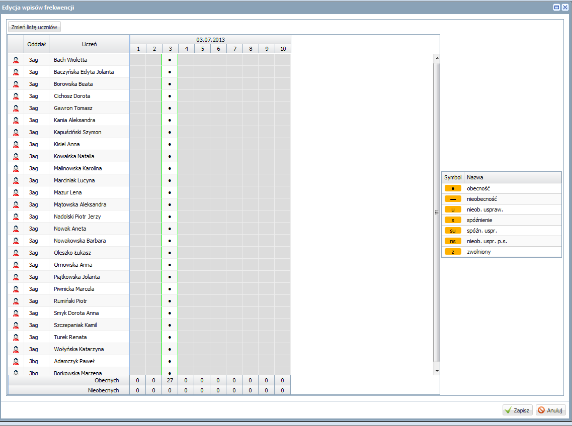 44 Materiały dla uczestnika szkolenia 6. Sprawdź frekwencję przy założeniu, że wszyscy uczniowie są obecni na lekcji. 7. Zmieo listę dodając uczniów oddziału 3bg. Rysunek 61.