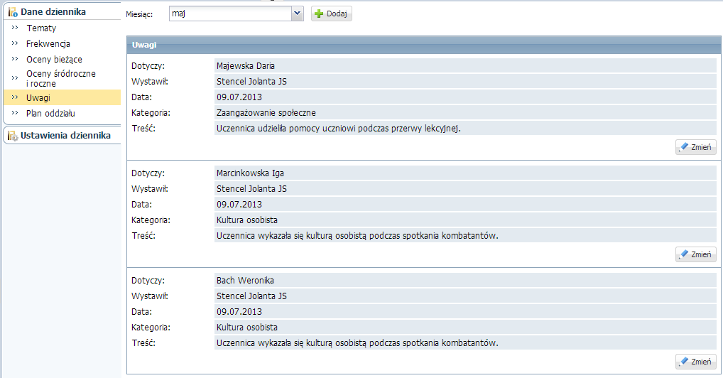 48 Materiały dla uczestnika szkolenia Widok Oceny śródroczne oraz roczne w tym widoku można wystawid oceny śródroczne i roczne, poprzez wybranie przedmiotu dla którego mają byd pokazane oceny.