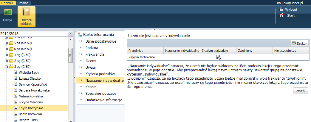 52 Materiały dla uczestnika szkolenia Rysunek 75. Kartoteka ucznia/sekcja Kryteria podziałów Widok Nauczanie indywidualne prezentowane są w tym widoku informacje, dotyczące nauczania indywidualnego.