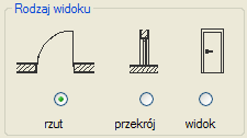 BiK-Architektura 33 W polu Rodzaj widoku, zgodnie z piktogramami wybieramy widok w jakim chcemy wstawić drzwi na rysunku. W najniższej części okna głównego znajduje się Lista drzwi.