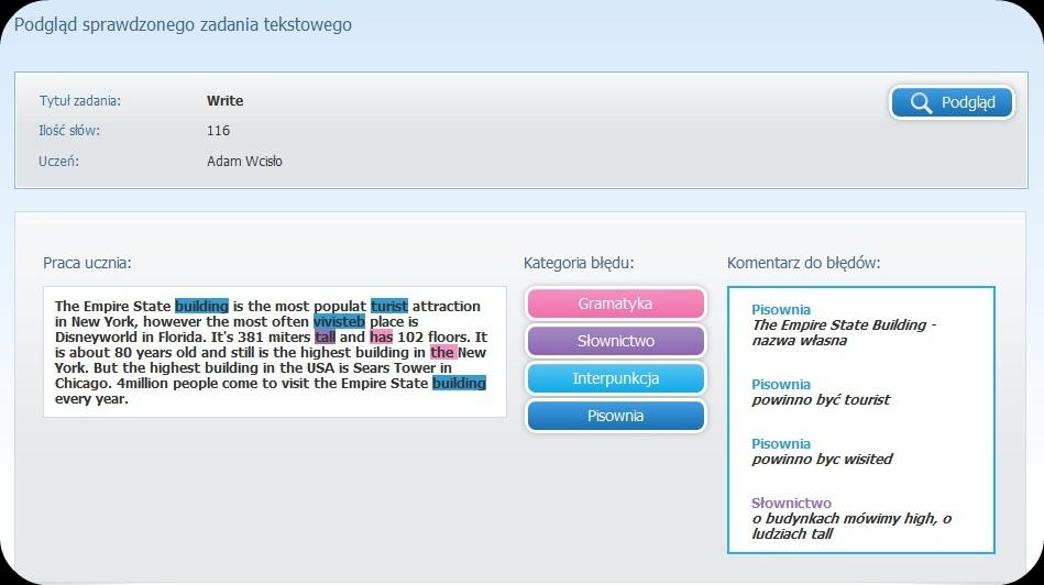 W zadaniach tego typu, zaznaczamy w nadesłanym tekście błąd, wybieramy kategorię błędu i w